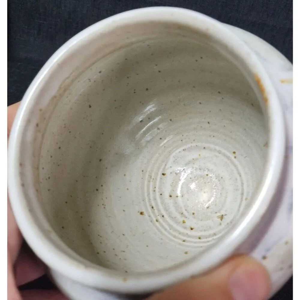 Vintage Signed Studio Pottery Ceramic Speckle Glaze Blue Stripe Vase Planter Pot
